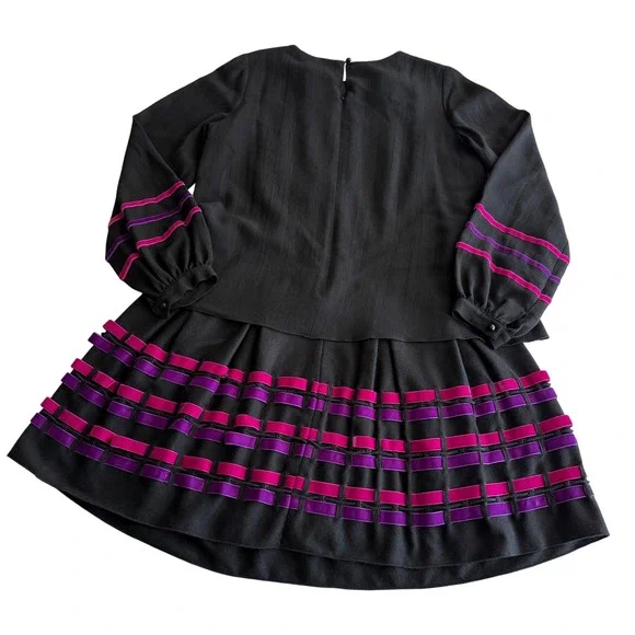 Anna Sui USA‎ Made Wool Woven Velvet Ribbon Peasant Flounce Black Pink Dress 8